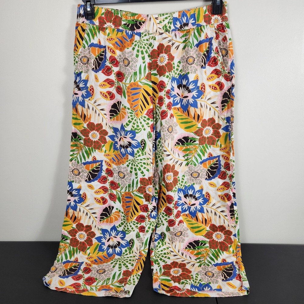 Floral Wide Leg Linen Pant High Waisted Elastic Waist Coastal Beachy Tropical XL